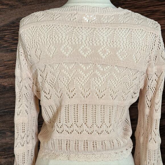 Mabel Lacy Knit Cropped Cardigan Sweater Sz L Ivory Button Up w Balloon Sleeves - Picture 6 of 10